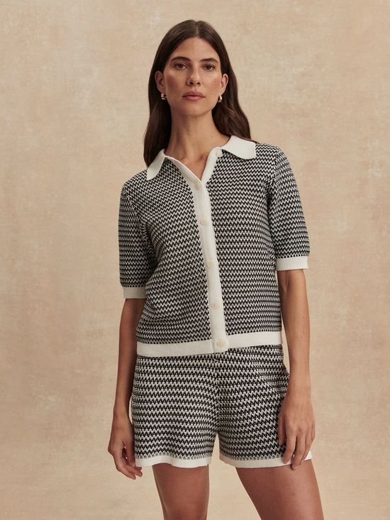 Varley Tops - Varley Gaelle Polo Knit Top in Snow White/ Black XL